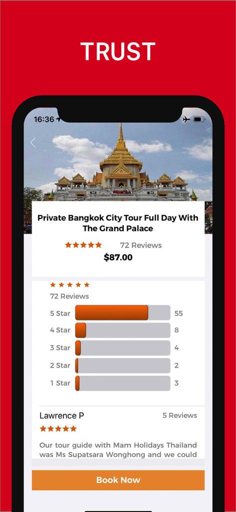 Bangkok Travel Guide . - Mobile app screen for booking a private Bangkok city tour with user reviews and Grand Palace photo