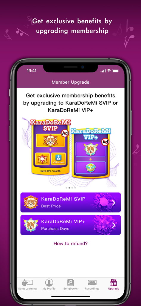KaraDoReMi - Your Karaoke Pal - Pantalla de actualización de membresía de KaraDoReMi que muestra las opciones de suscripción SVIP y VIP plus con beneficios sin anuncios.