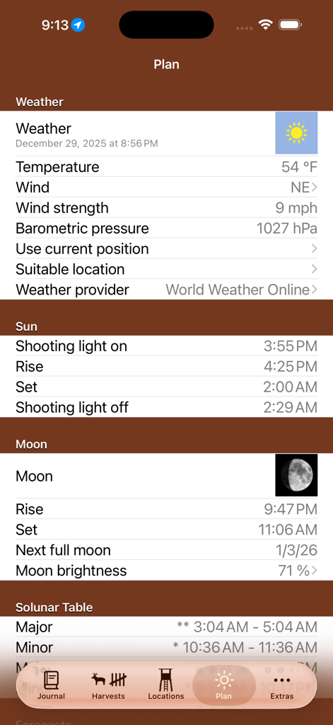 Hunting planning screen showing weather conditions sun and moon phases and solunar table data