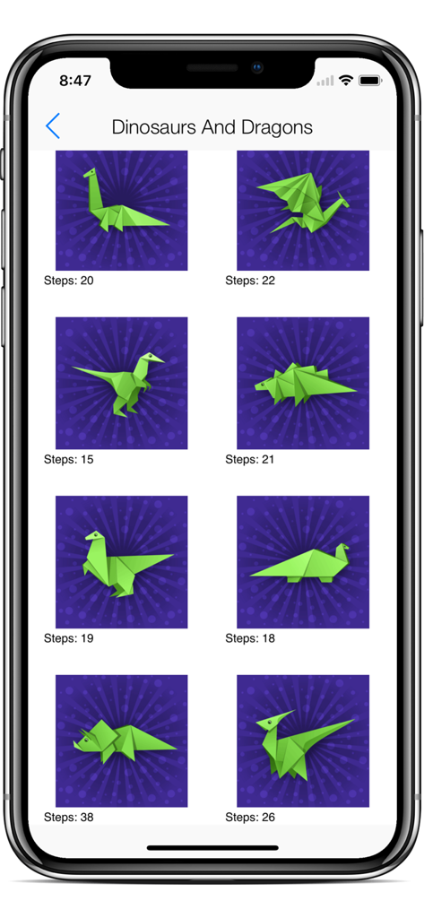 Origami Creator: Fold & Learn - Grid of origami dinosaur and dragon folding projects with step counts