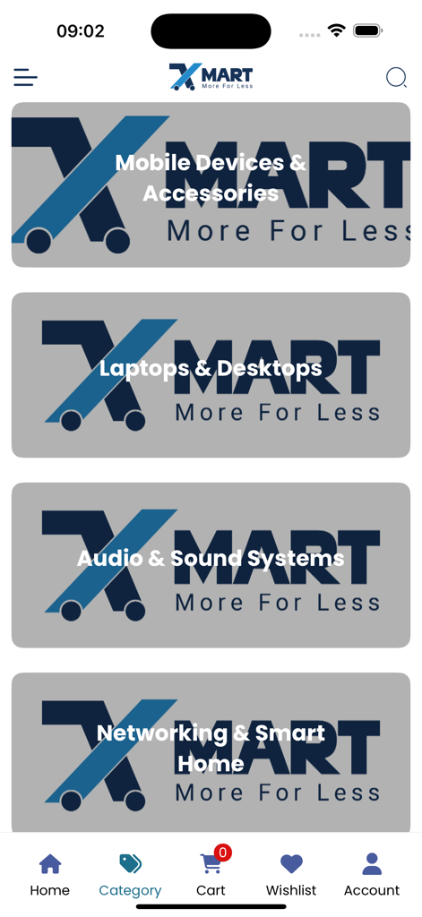 Xmart Jo - Xmart Jo mobile app category screen displaying electronics and smart home sections