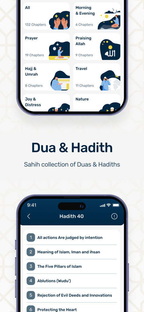 Hilal: TV-Content, Athan-Qibla - Two phone screens from the Hilal app displaying categories for Duas and a list of Hadiths.