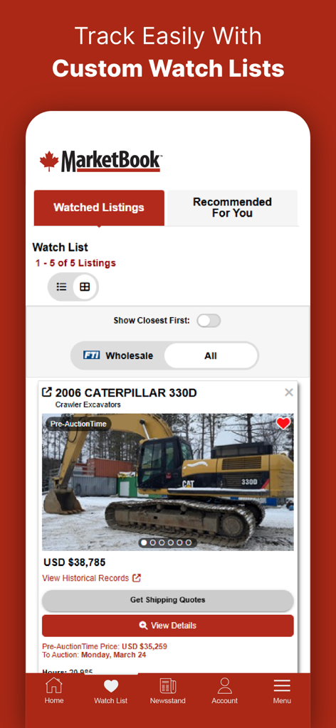 MarketBook - Interfaz de la aplicación MarketBook que muestra una excavadora Caterpillar guardada en una lista de seguimiento personalizada para el seguimiento de maquinaria pesada.