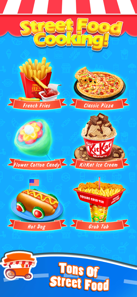 Food Games: Street Cooking - Street food menu showing pizza, french fries, hot dog, and ice cream options