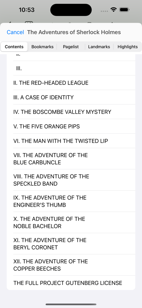 Table of contents view showing book chapters in the Books Pro app