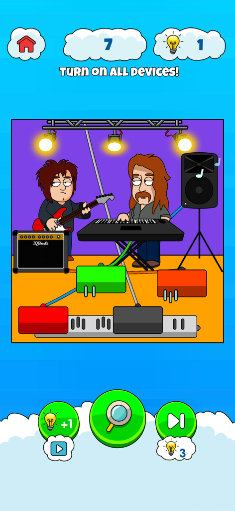 IQ Boost 2 puzzle level featuring a rock band on stage with a logic challenge to turn on all devices
