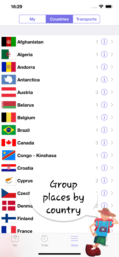 Uma lista de países visitados com bandeiras e contagem de lugares na interface do aplicativo EveryPlace