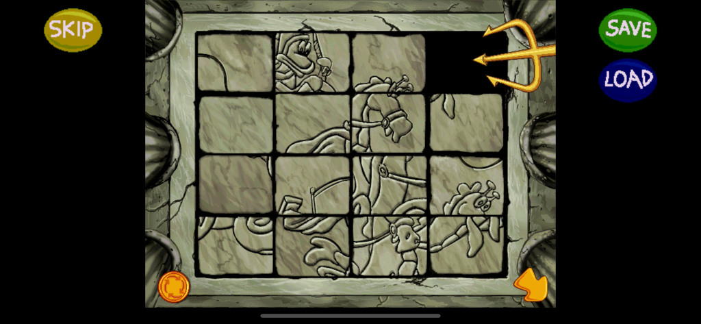 Freddi Fish 2: Haunted School - Una pantalla de juego de rompecabezas de baldosas deslizantes en Freddi Fish 2 Haunted School con tallas de personajes submarinos.