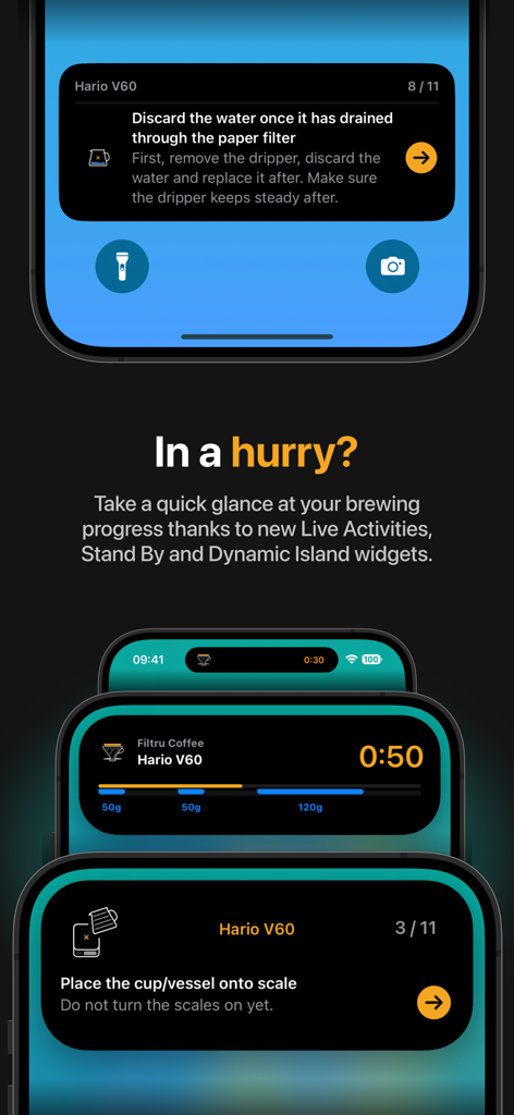 Filtru: Brew the best coffee - Filtru app displaying coffee brewing progress on iPhone Live Activities and Dynamic Island widgets