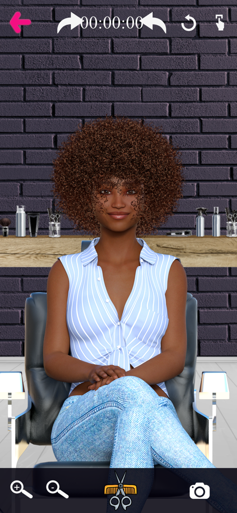 A female character with curly brown hair sitting in a barber chair within the Barber Chop app