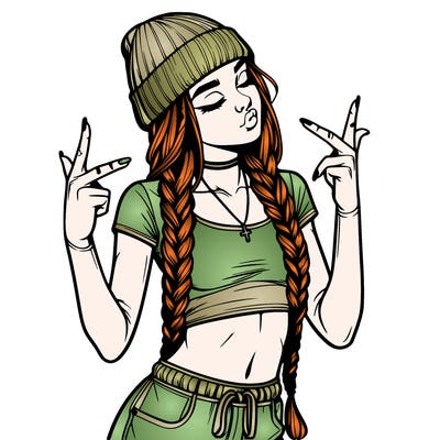 realistic teenage girl with braids and a beanie and crop top doing 🫶🏼