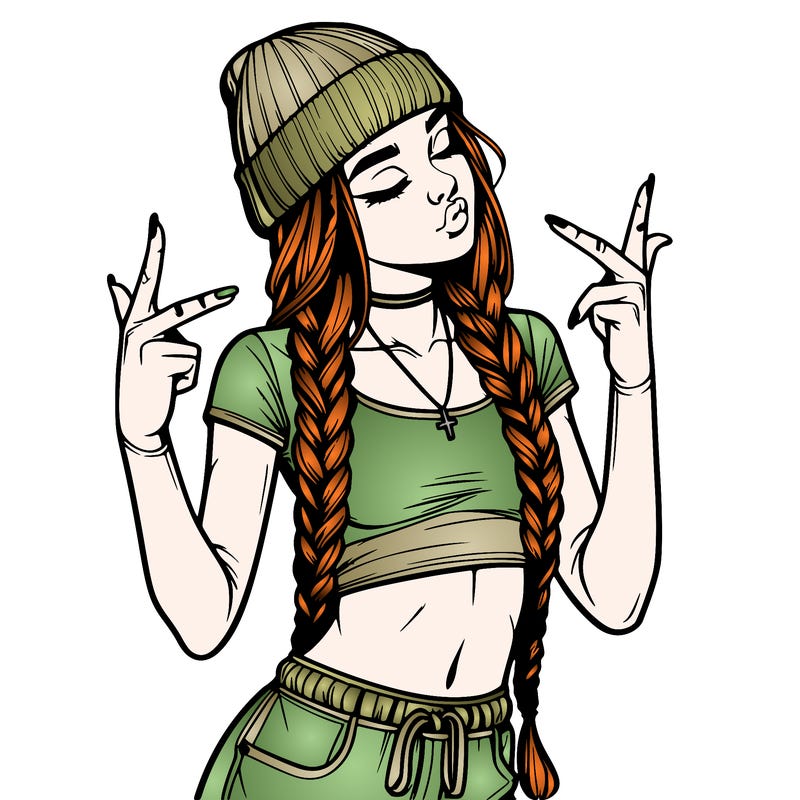 realistic teenage girl with braids and a beanie and crop top doing 🫶🏼