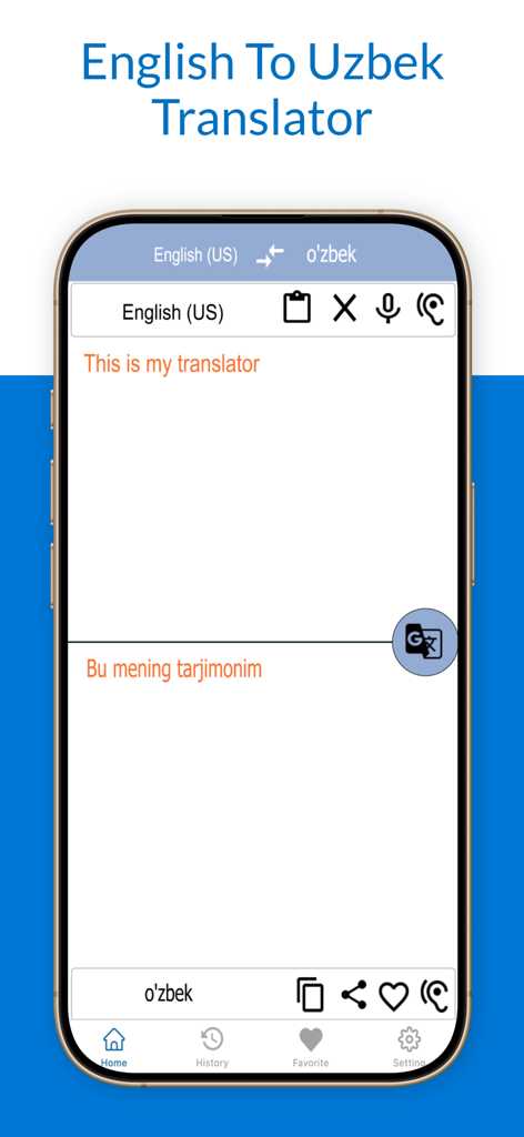 English To Uzbek Translation - Tela de smartphone exibindo a interface do aplicativo de Tradução de Inglês para Uzbeque