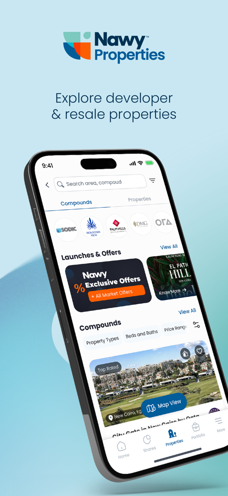Nawy - Real Estate - Nawy Real Estate app interface showing property search, compound listings, and exclusive developer offers.