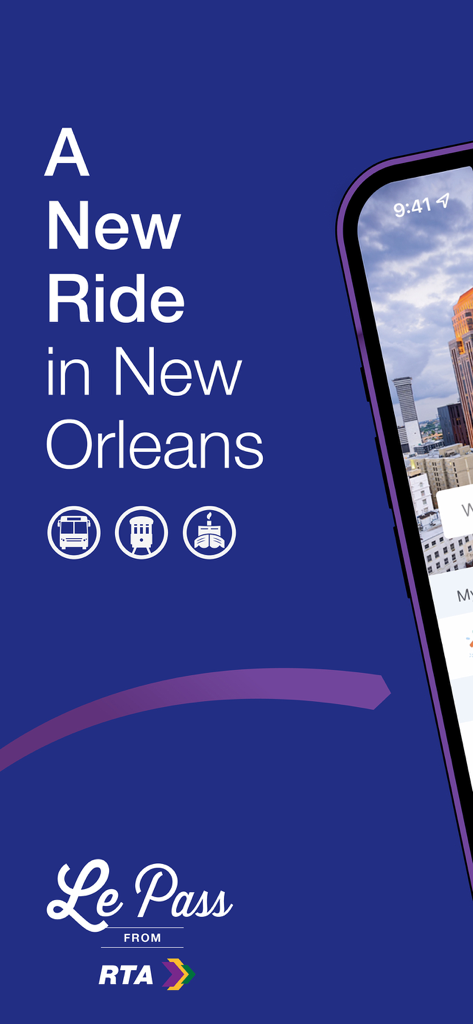 Interface de l'application mobile RTA Le Pass pour les services de bus, tramway et ferry de La Nouvelle-Orléans