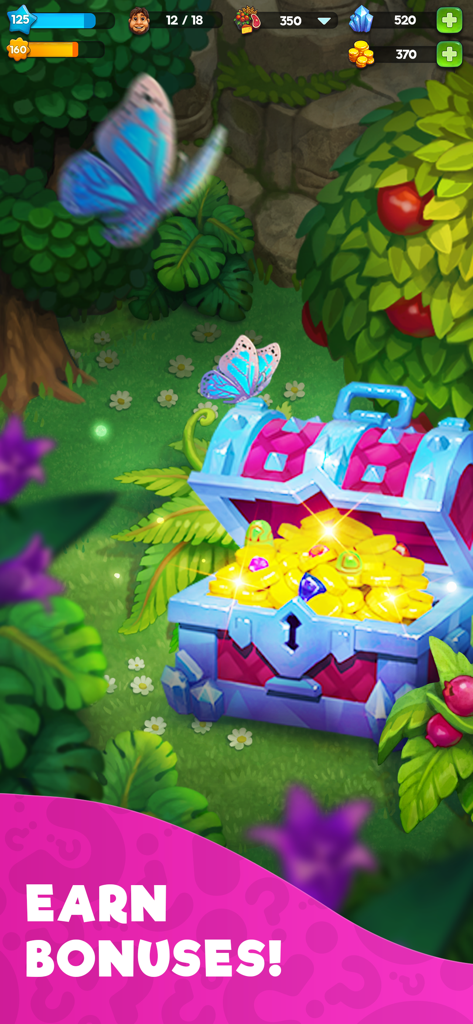 A blue treasure chest overflowing with gold coins and gems in a lush tropical garden with butterflies