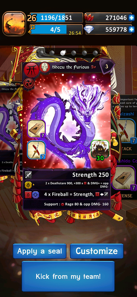 Eredan Arena - Una carta personaggio drago viola chiamata Shozu il Furioso nel gioco mobile Eredan Arena che mostra statistiche e abilità.