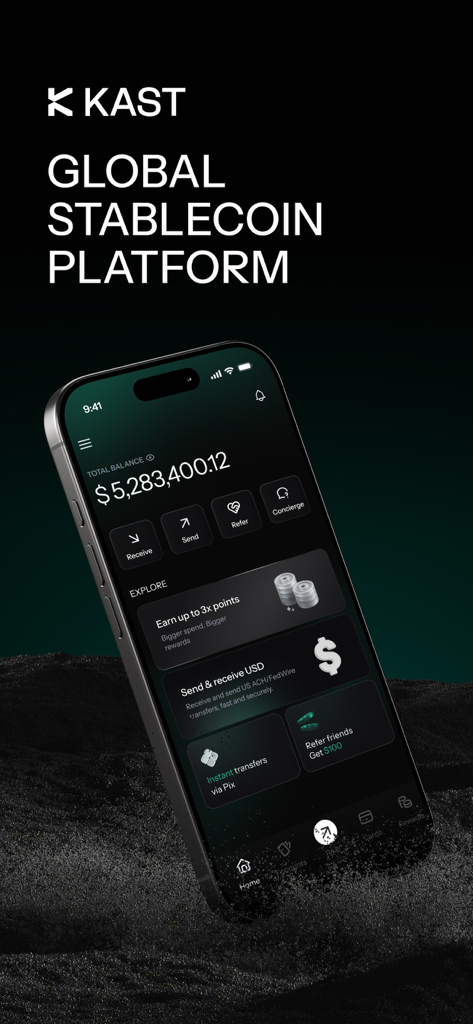 Painel do aplicativo móvel KAST Finance exibindo saldo da conta e recursos de transação de stablecoin