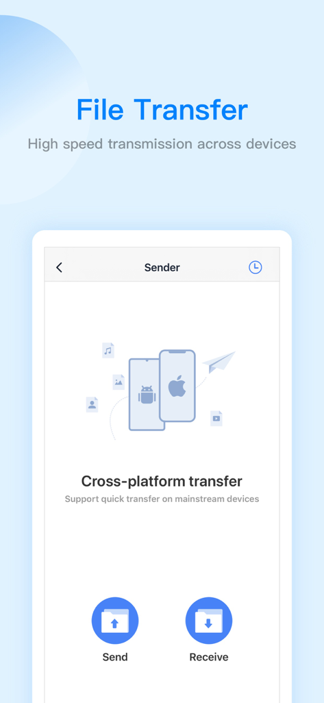 Interface do aplicativo ES File Explorer mostrando recursos de transferência de arquivos multiplataforma para iOS e Android