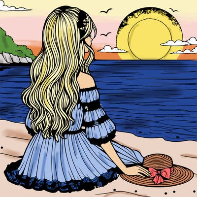 realistic girl in dress at a sunset on the beach