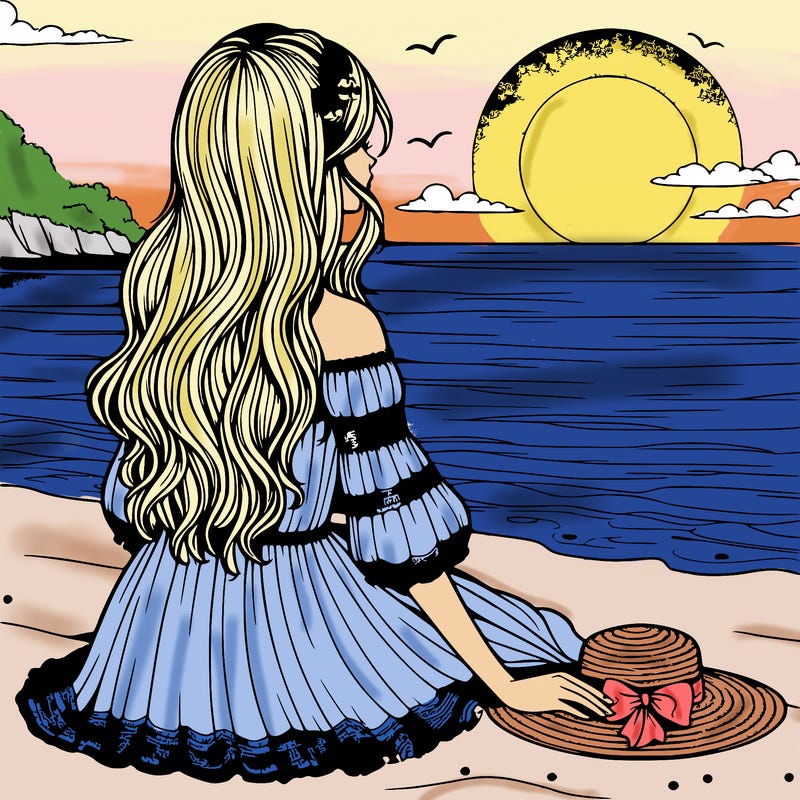 realistic girl in dress at a sunset on the beach