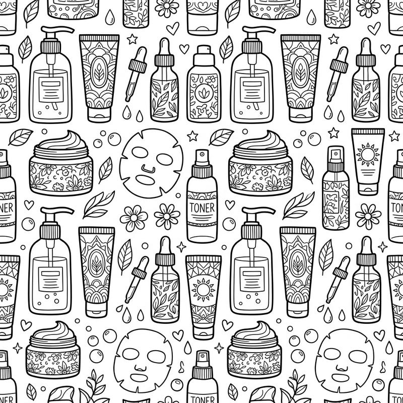 Dive into the serene world of skincare with this beautiful seamless pattern coloring page. Featuring an array of beauty products, it offers endless creative possibilities and a relaxing coloring experience.