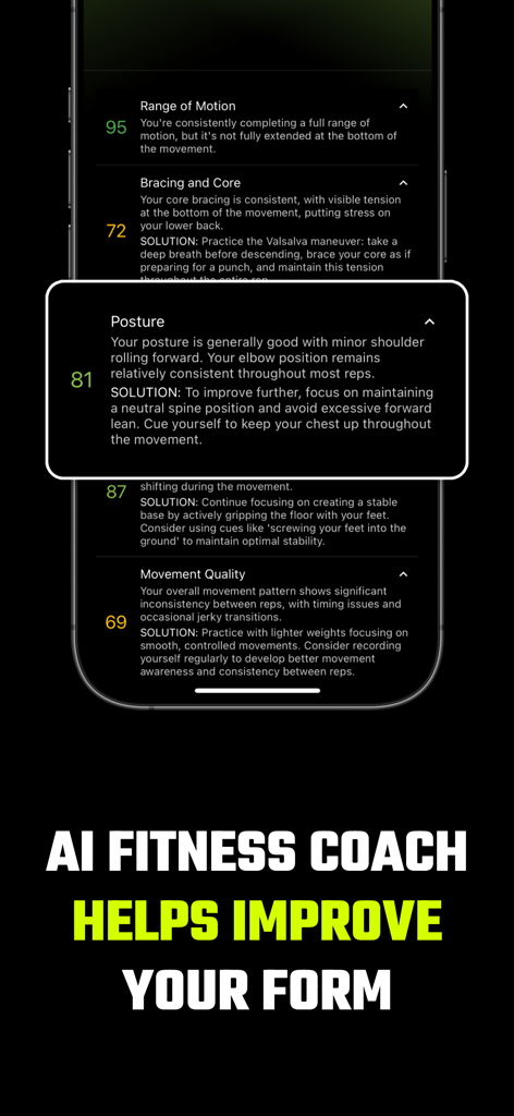 Gymscore app screen showing AI form analysis with scores for posture and movement quality