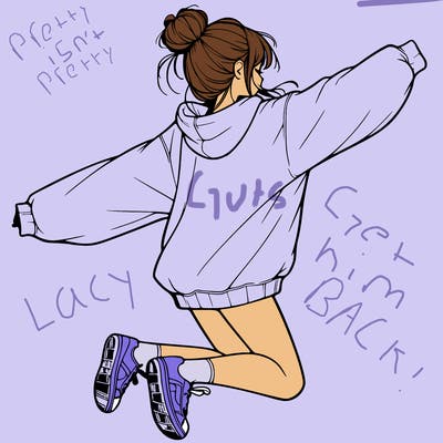 realistic girl jumping with a bun and oversized sweatshirt