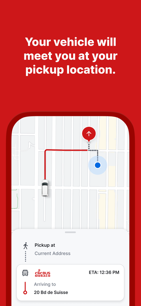 ClicBus Monaco - Map view showing real-time vehicle tracking and estimated arrival time in the ClicBus Monaco app