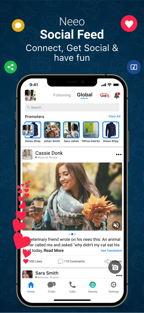 Neeo Messenger with Translator - A smartphone displaying the Neeo Messenger social feed with a global view of user posts and interactions