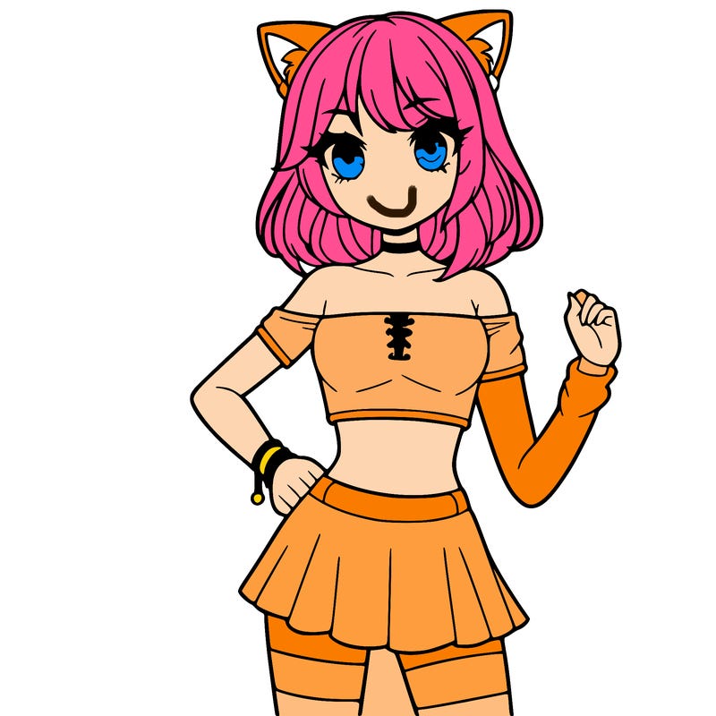 girl with crop top and a short skirt she also has medium hair with wolf bangs