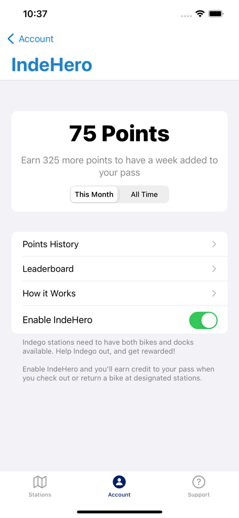 Indego Bike Share app showing the IndeHero rewards dashboard with points and leaderboard