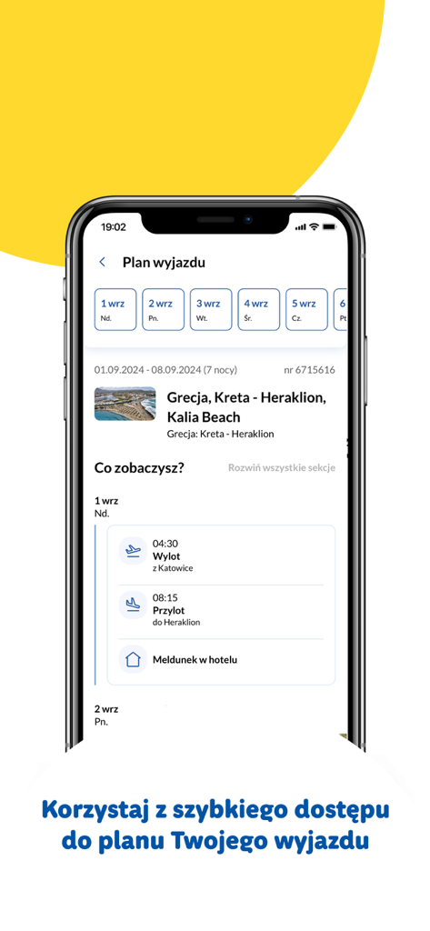 Écran d'application mobile affichant un itinéraire de vacances détaillé pour un séjour en Grèce