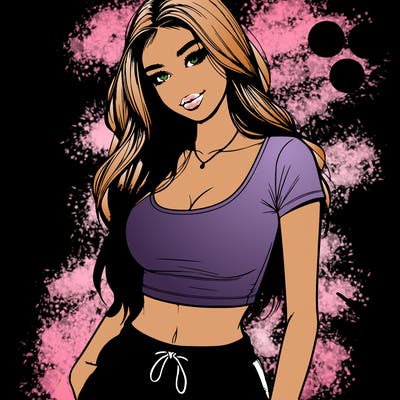 beautiful girl cropped tshirt and sweatpants realistic