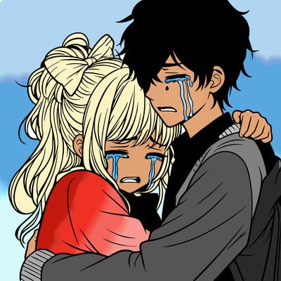 teenage manga girl hugging boy crying