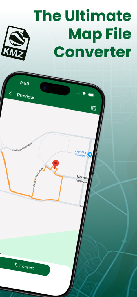 KML Viewer and Converter - KML Viewer and Converter app displaying a map with a route and location marker