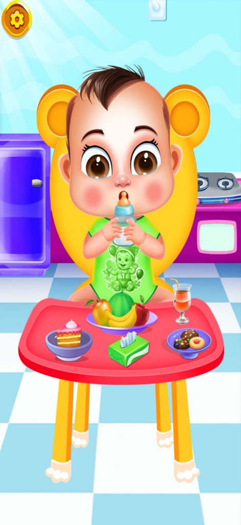 Cute Baby Sitter Daycare Games - Cartoon baby sitting in a high chair drinking from a bottle during meal time