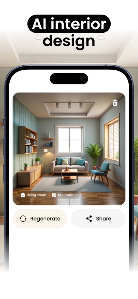 Interior design by Home AI - スマートフォンの画面に表示されたAI生成のミニマリストリビングルームのデザイン。