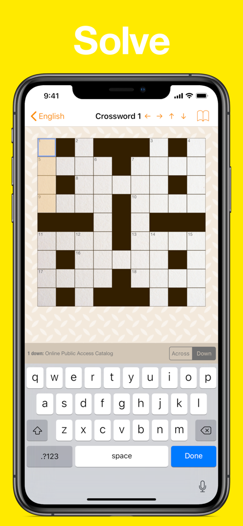 Accessible Crosswords - Interfaz de puzle de crucigrama móvil con una cuadrícula y un teclado