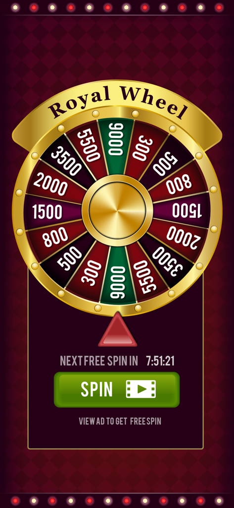Roulette Casino - Wheel Spin - Ein goldenes Royal-Preisrad in der Roulette Casino App, das verschiedene Chip-Belohnungen und eine Spin-Schaltfläche anzeigt
