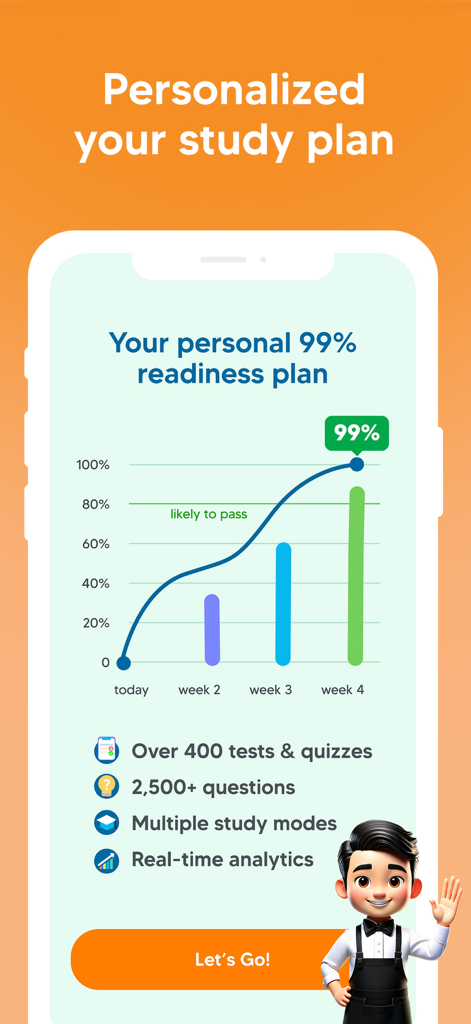 ServSafe: Practice Test Prep - Interfaz de la aplicación ServSafe que muestra un plan de estudio personalizado con un gráfico de progreso de preparación y funciones de preparación para el examen.