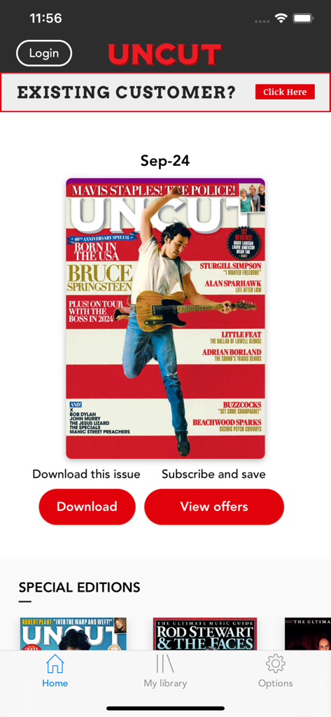Uncut Magazine - Pantalla de inicio de la aplicación Uncut Magazine mostrando el número de septiembre con Bruce Springsteen en la portada y ediciones especiales debajo.