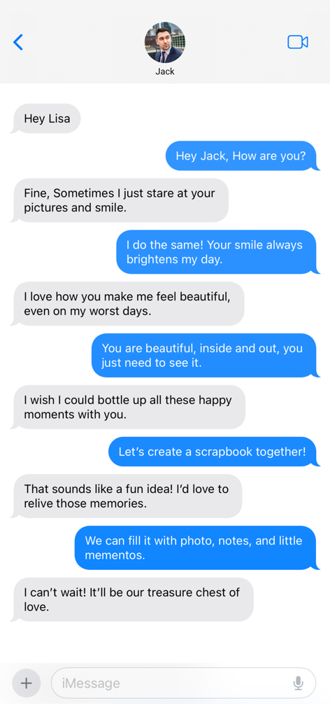 Screenshot showing a romantic texting story with an iMessage style interface between characters Jack and Lisa.