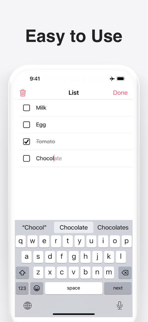 Una interfaz de lista de compras limpia y sencilla en un teléfono móvil que muestra la entrada fácil de artículos