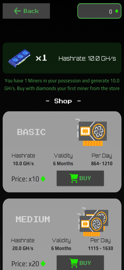 Bitcoin Miner Cloud Blockchainシミュレーターの基本的な仮想マイニングリグと中級の仮想マイニングリグが表示されているゲーム内ショップ。