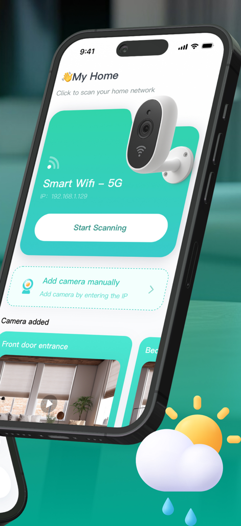 Security Home - Camera Connect - Smartphone displaying the Security Home app interface for scanning and managing home network cameras