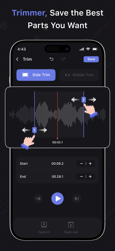 Audio Editor & Music Editor - Interface of the Audio Editor app showing the trimmer tool with a waveform and sliders to select specific audio parts.