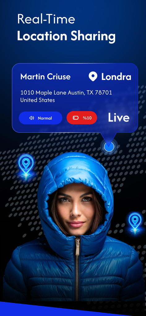 EasyGeoFinder-Location Tracker - Pantalla de la aplicación EasyGeoFinder mostrando el intercambio de ubicación en vivo con nivel de batería y estado del perfil de sonido