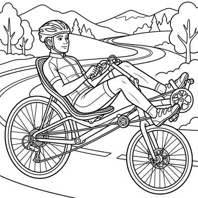 Experience the joy of a recumbent bike ride with this engaging coloring page. This unique bicycle offers a laid-back way to enjoy the scenery on a beautiful winding road.