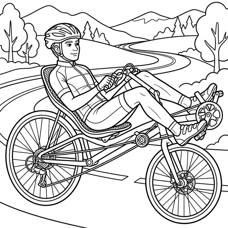 Experience the joy of a recumbent bike ride with this engaging coloring page. This unique bicycle offers a laid-back way to enjoy the scenery on a beautiful winding road.